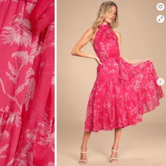 Lulus Dresses & Skirts - LULU's Floral Sexy Flowy Chic Halter Neck Modern Hot Pink Midi Dress NWOT